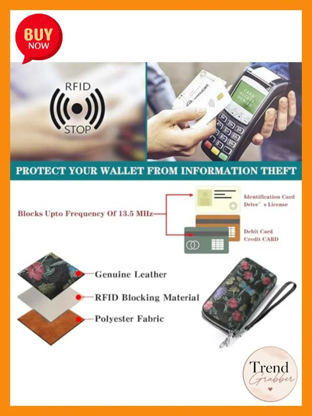 Large Capacity RFID Blocking Wristlet Leather Wallet with 16 Card Slots